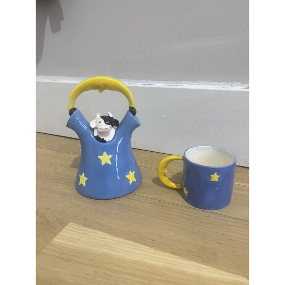 VTG 1993 Clay-Art San Francisco Cow Under The Moon Teapot And Cup